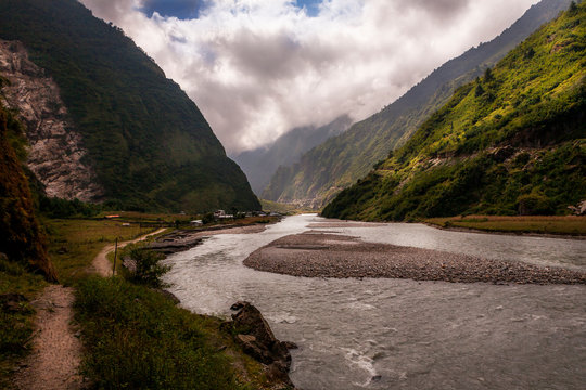 landscape with river mountain and clouds, the annapurna around, Napal