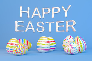 3d render - eight colorfu Easter eggs on blue background - balloons - happy easter
