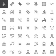 Medical equipment line icons set. linear style symbols collection, outline signs pack. vector graphics. Set includes icons as doctor with stethoscope, nurse, syringe injection, hospital, microscope