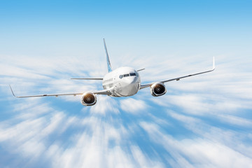 Traveling by airplane above the clouds, high speed motion blur effect