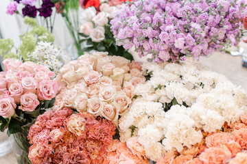 Floral carpet, flower texture, shop concept. Beautiful fresh blossoming flowers roses, spray roses, lilac gillyflower and carnation. Blossom of pastel color in vases and pails. Top view.