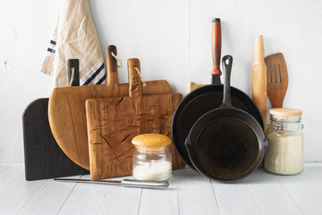 Rustic still life Set wooden kitchen utensils white table