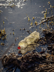 Plastic garbage pollutes a river - plastic bottle, pollution