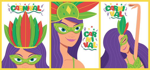 Carnival posters template with woman samba. Girls wearing a festival costume. Editable vector illustration - Vector