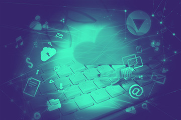 Fototapeta premium yellow cloud with wire lan and keyboard in business network concept