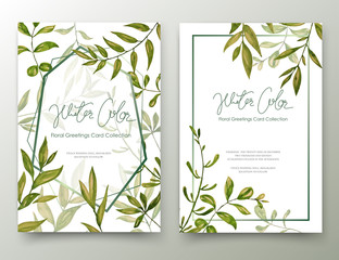 Watercolor hand painted leaves, Invitation card.	