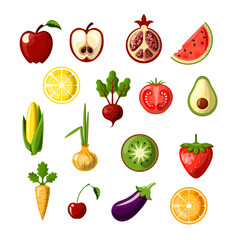 Healthy food colored flat icon set. Fruits and vegetables in one set, colored flat fresh healthy food icons, vector illustration. Healthy food Icon Set isolated on white background. Tomato, kiwi