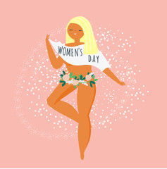 International Women's Day. Happy female dance. Design template for card, poster, banner. Vector illustration for 8 march