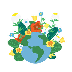 Earth planet decorated with flowers. Concept illustration for Earth day, ecology, environment protection. Love nature theme