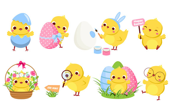 Cute Easter chickens set. Cartoon chicks in different poses with eggs and flowers having fun. Isolated characters and clip art for Easter design