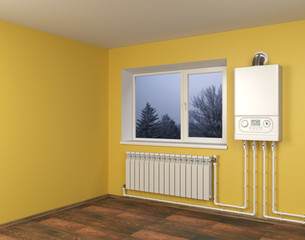 Gas boiler and heater radiator with pipelines on orange wall with window in house. Heating system.
