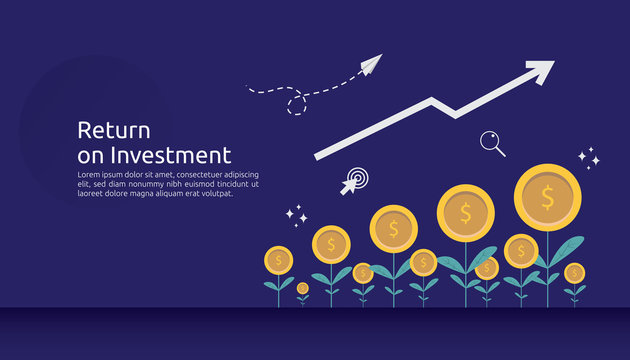 return investment ROI or growth business finance concept. increase profit stretching rising up. flat style vector illustration of market data analytics, strategic management, financial planning.