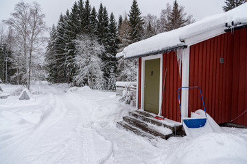 green door on a red wooden cabin in winter