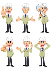ヘルメットを被った工務店の男性　6種類の表情と仕草のセット
