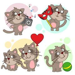 Thirteenth icon set with cats for design. The cat stands with a tape on his shoulder and listens to music, with a carnival mask, playing with a ball, two cats with a balloon in the form of a heart.