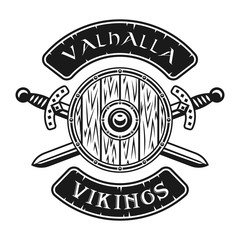 Viking shield and crossed swords vector emblem