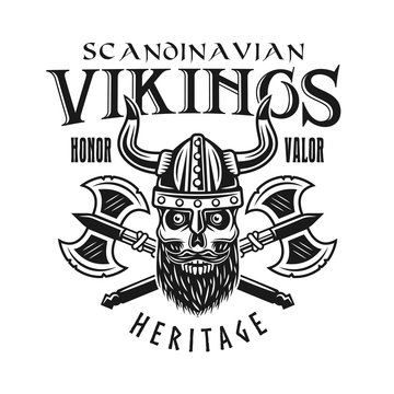 Viking skull and crossed axes vector emblem