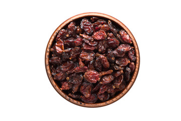 dry red barberry spice in wooden bowl, isolated on white background. Seasoning top view