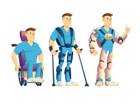 Evolution of exoskeletons for disabled people cartoon vector concept. Man in powered wheelchair, standing with crutches and robotic suit, showing thumbs up while using innovative exosuit illustration