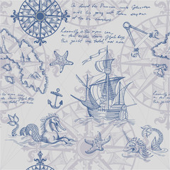 Old caravel, vintage sailboat, sea monster. Vector seamless pattern