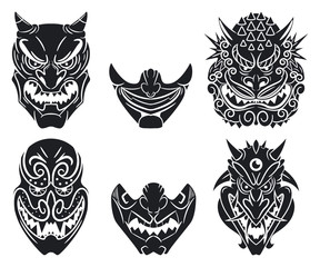 Obraz premium Oni and kabuki traditional japanese masks with demon face. Vector cartoon set isolated on a white background.
