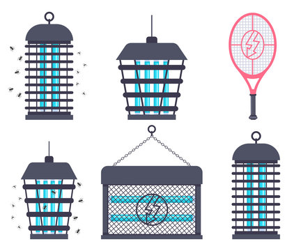 Electric bug zapper, fly swatter racket and mosquito trap vector cartoon flat set isolated on a white background.