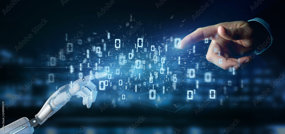 Poster cyborg hand holding a data binary cloud 3d rendering