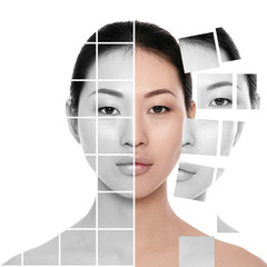 Face made of many different colorless and colored parts of the portrait. Plastic surgery and spa...