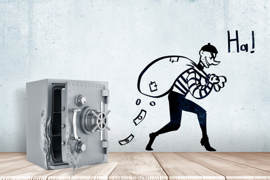 3d rendering of broken open safe vault on white wooden floor and cartoon robber with money bag and 'HA' sign on white wall background