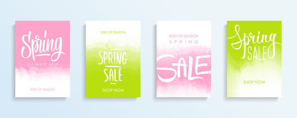 Spring Sale promotional flyers or covers set with hand lettering for springtime shopping, commerce, discount promotion and advertising. Vector illustration.