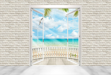 3D Wallpaper design with white brick wall and balcony terrace to amazing sea view for mural © Mehmetilker