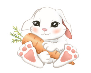Naklejka premium White rabbit with a carrot - children's cartoon illustration. Funny bunny kids.