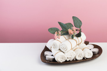 Spa still life with aromatic candles, flower and towel. - Image.