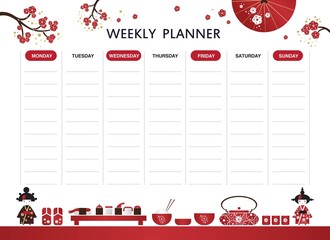 Weekly planner template design in cartoon style. Japanese oriental style
