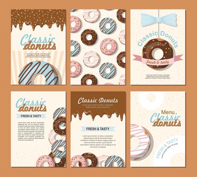 Set posters vector template with donuts. Sweet background. Advertising for bakery shop or cafe.