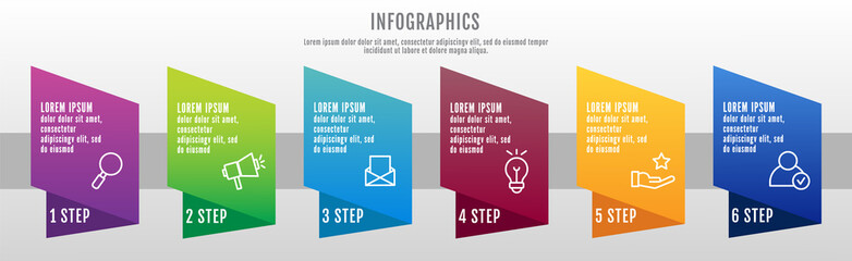 Modern 3D vector illustration data visualization. Infographic template with six elements, options and parts. Designed for business, presentations, web design, interface 6 step diagrams