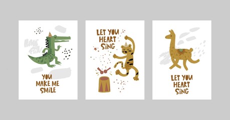 Cards or posters set with cute animals, crocodile, leopard, Lama in cartoon style