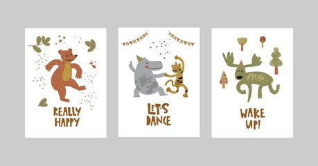 Cards or posters set with cute animals, bear, leopard, Hippo, moose in cartoon style