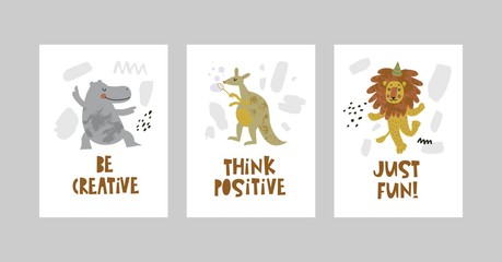 Cards or posters set with cute animals, Hippo, kangaroo, lion in cartoon style
