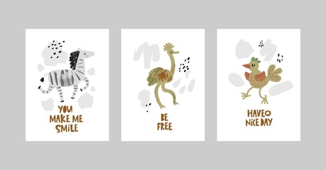 Cards or posters set with cute animals, zebra, ostrich, bird in cartoon style