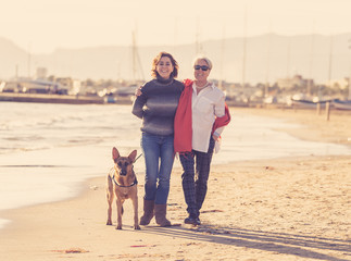Beautiful older mom and mature daughter walking their german shepard dog on beach at autumn sunset