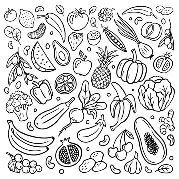 Hand-drawn fruits and vegetables in doodle style isolated on white background. Vector illustration for banners, sites, menu design, packaging, cooking book or advertising.