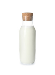 Bottle of tasty fresh milk on white background