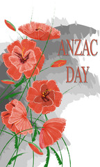 Greeting card with bright poppies - ANZAC day. Vector poppies are made in the style of watercolor drawing. Decorative vector flowers for Memorial Day, Remembrance Day.