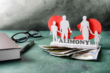 Composition with figure of family, money and paper with text ALIMONY on table - obrazy, fototapety, plakaty