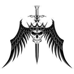 Skull in a crown with black wings and a sword. Vector image on white background.
