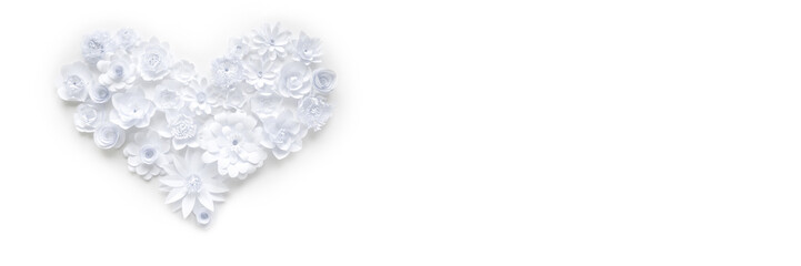 Heart from white paper flowers on white background