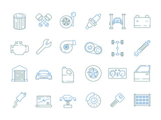 Car service symbols. Automotive tools parts car mechanic details engine gearbox vector thin line icon collection. Auto mechanic, car service, automotive tool illustration