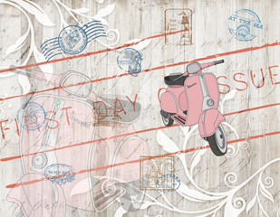 3D Wallpaper design with vintage motor bike and stamps for mural print