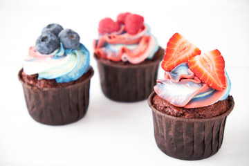 Chocolate cupcakes with multicolored whipped cream decorated with different berries on white wood table.